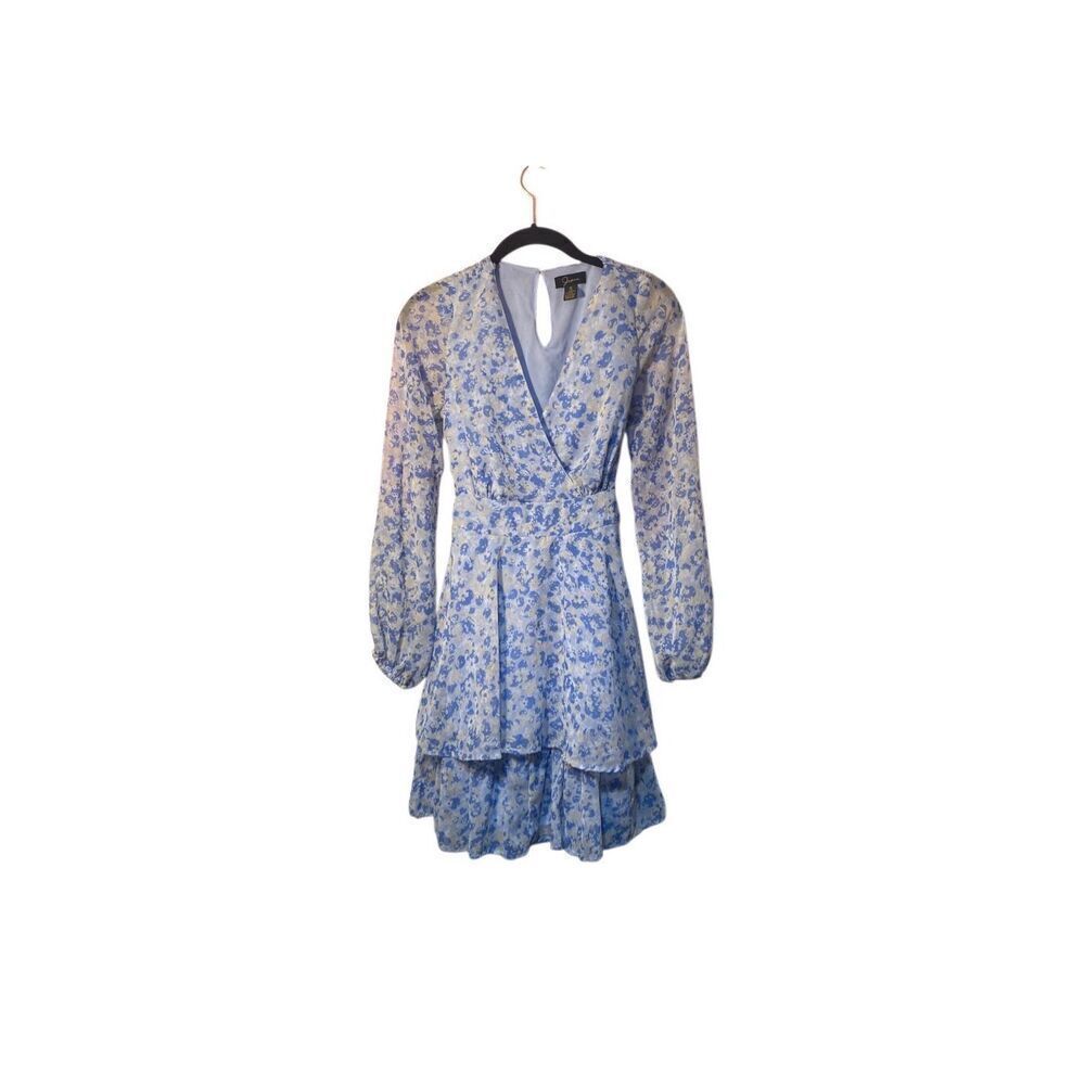 Japna Blue Ruffle V Neck Bishop Sleeve Floral Mini Dress Size Small